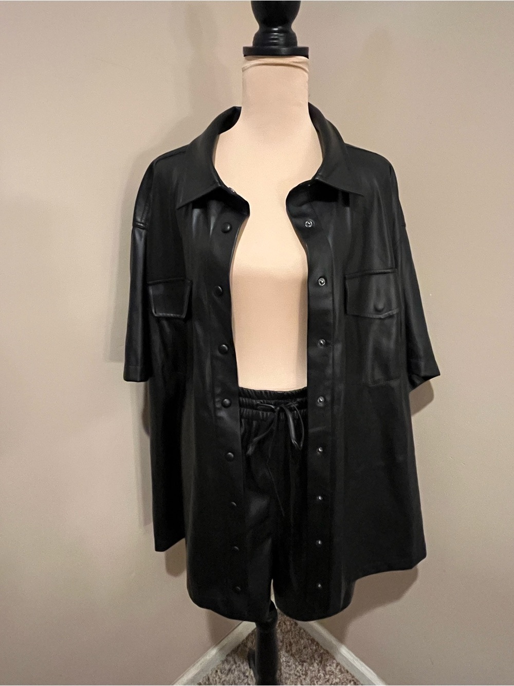 Good American Black Vegan Leather Shacket & Hi-Rise Short Set, GD AM size 6/5